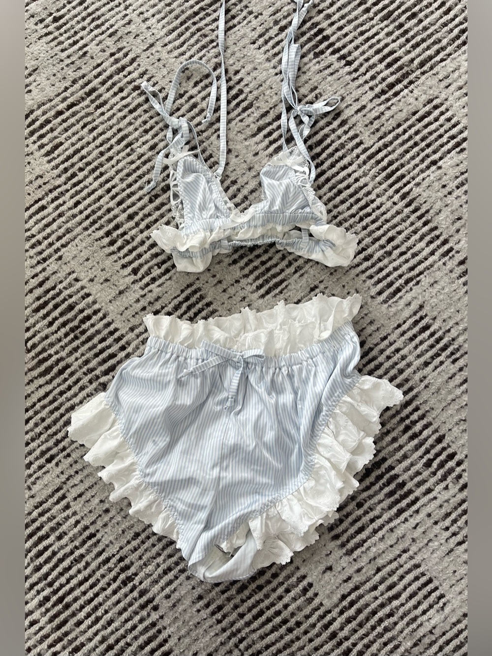 For Love And Lemons | Light Blue & White Striped Ruffle Bralette Set